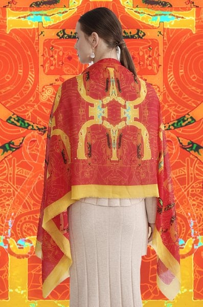 Pamuk İpek Antik Desenli Pareo Şal Ateş kırmızı, turuncu ,altın sarısı  70X200cm