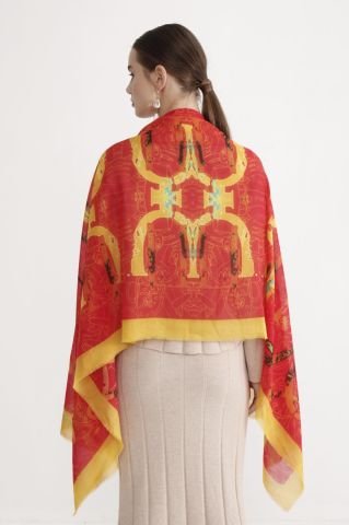 Pamuk İpek Antik Desenli Pareo Şal Ateş kırmızı, turuncu ,altın sarısı  70X200cm