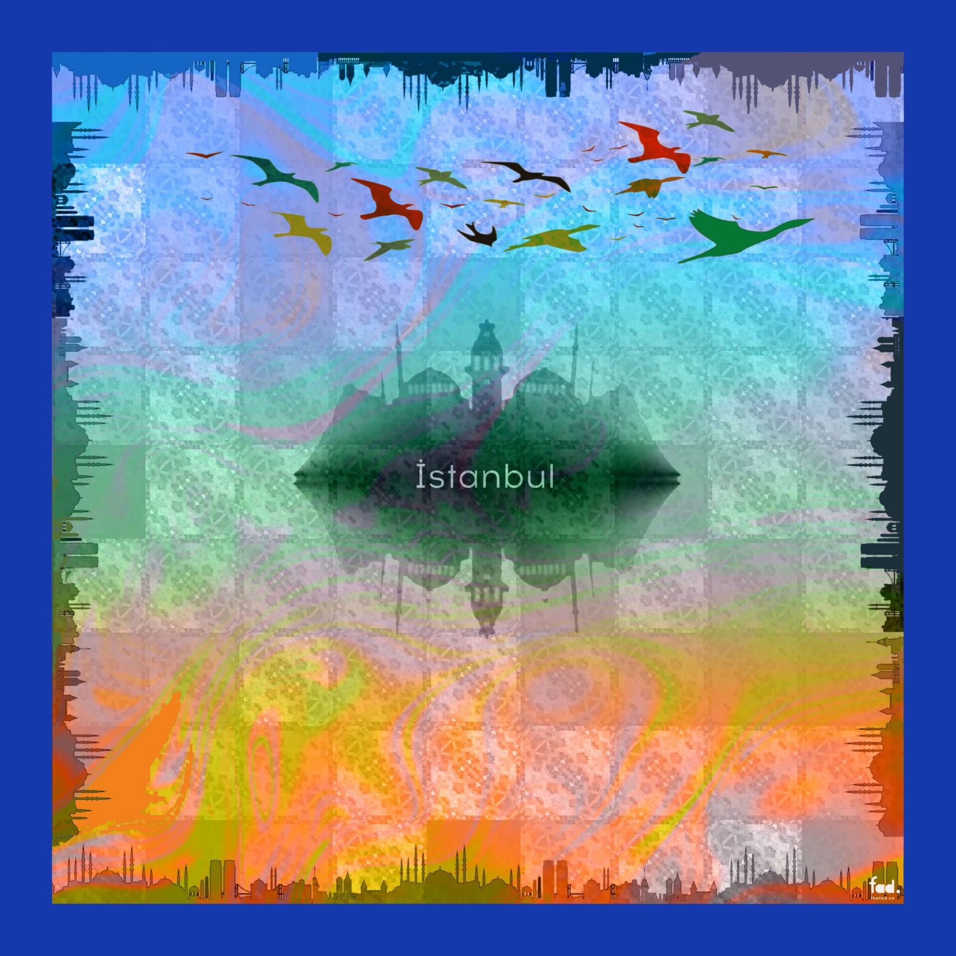 Boğaziçi martıları temalı Şifon Şal Pareo Turkuaz, Gökmavisi, Bronz 137X137cm