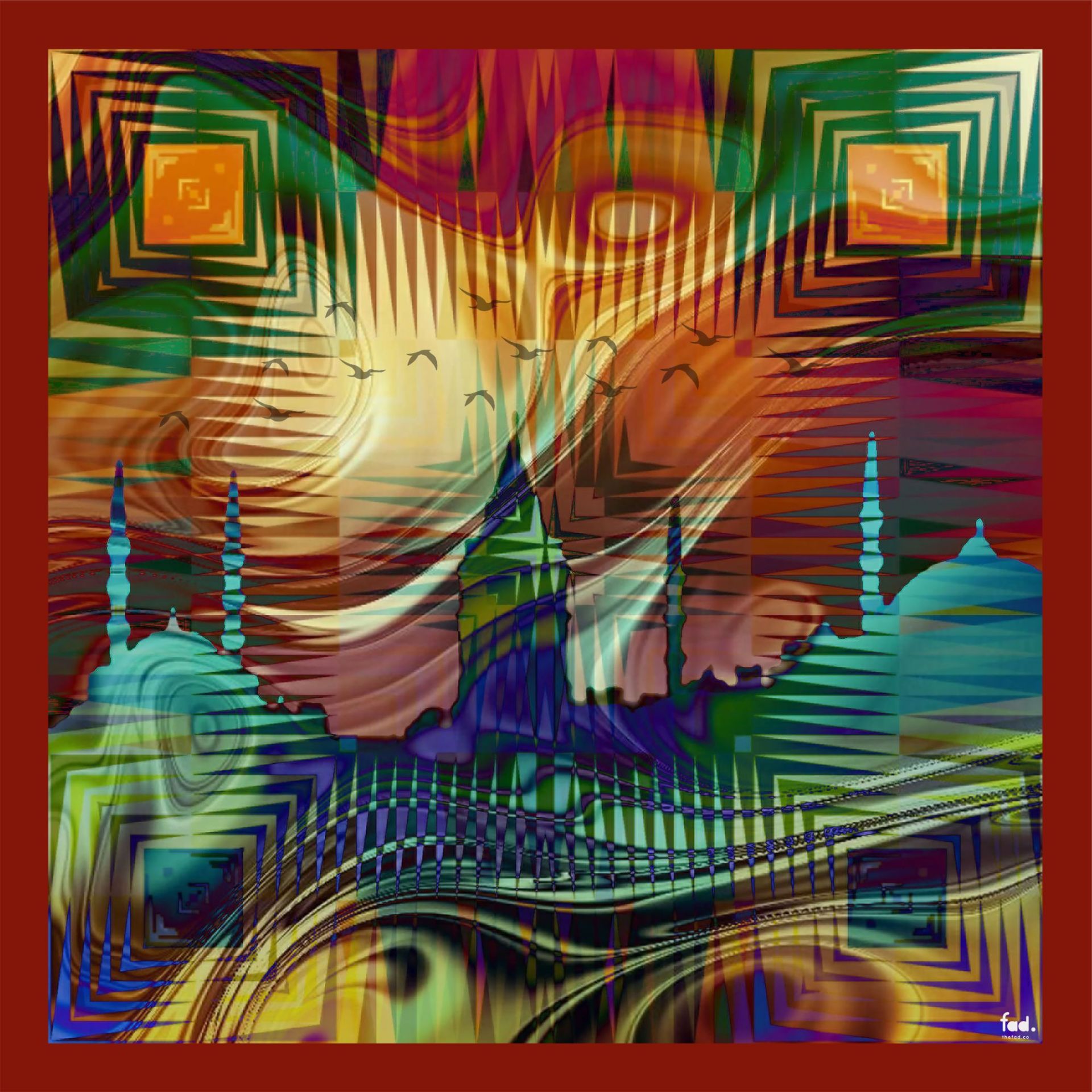 Tarihi Yarımada temalı Şifon Şal Pareo Bordo, zümrüt yeşili altın sarısı 137X137cm