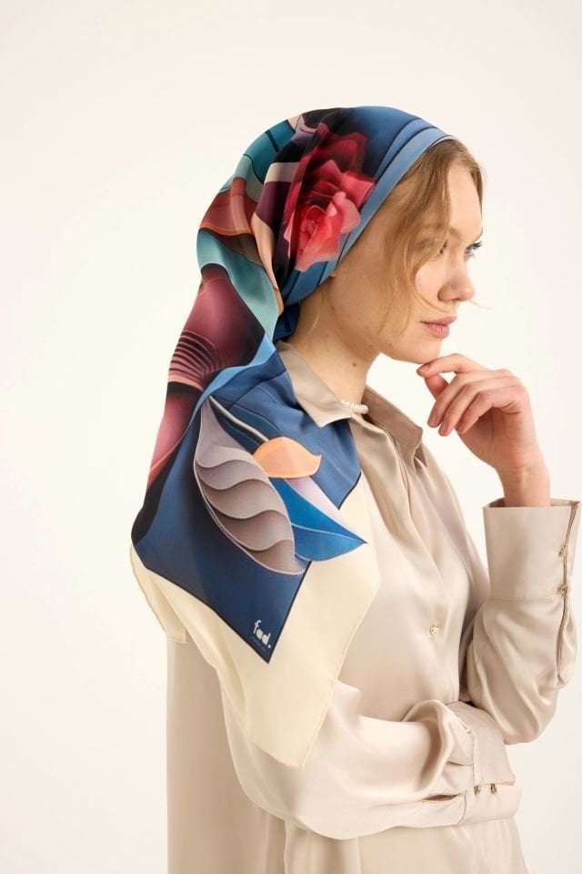 Ekinoks Krep Mavi İpek Şal