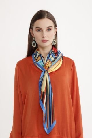 Geometrik Desenli Saf İpek  Şal  Gökkuşağı renkli