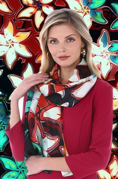 Tropikal desenli Saf İpek  Şal Orman yeşili, Güneş kızılı