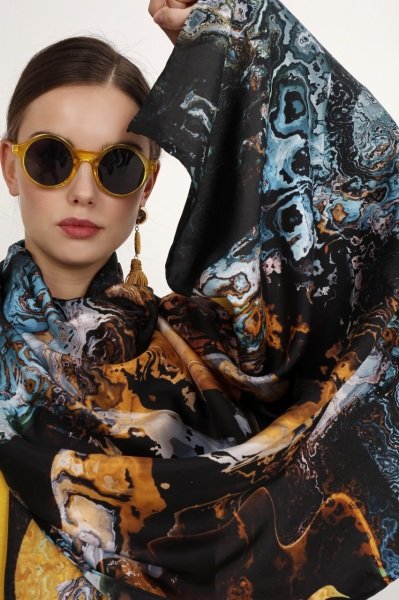 Ebru Desenli Krep İpek Şal  Turkuaz, Altın Sarısı, Bronz, Lacivert