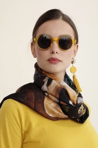 Ebru Desenli Krep İpek Şal  Turkuaz, Altın Sarısı, Bronz, Lacivert