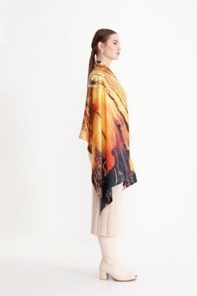 Ebru temalı Saf İpek Şal Altın Sarısı Derin Lacivert 70X200cm