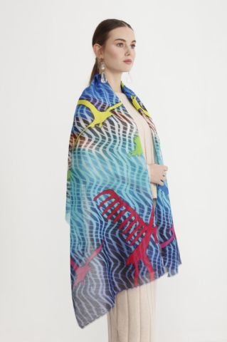 Pamuk İpek Güneş ve kuş Desenli Pareo Şal Deniz Mavi, turkuaz, güneş kırmızısı  70X200cm