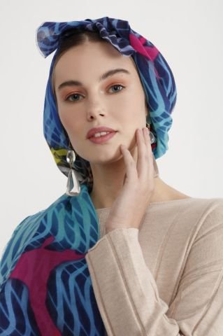 Pamuk İpek Güneş ve kuş Desenli Pareo Şal Deniz Mavi, turkuaz, güneş kırmızısı  70X200cm