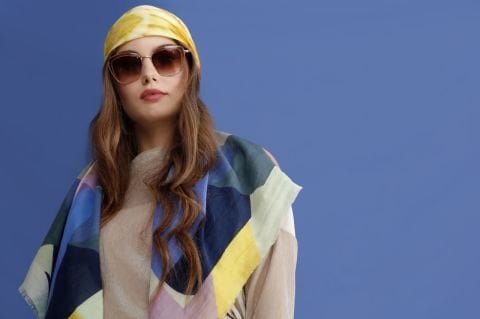 Floral desenli Pamuk İpek Şal Gök mavisi, Başak sarısı, gül pembesi