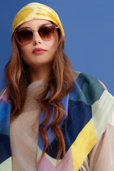 Floral desenli Pamuk İpek Şal Gök mavisi, Başak sarısı, gül pembesi