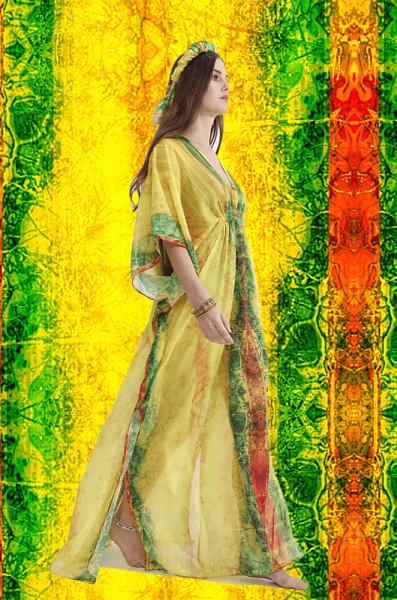 Antik Desenli  Altın sarısı ,  Zümrüt yeşil kuşaklı Şifon  Kimono Plaj  Elbisesi