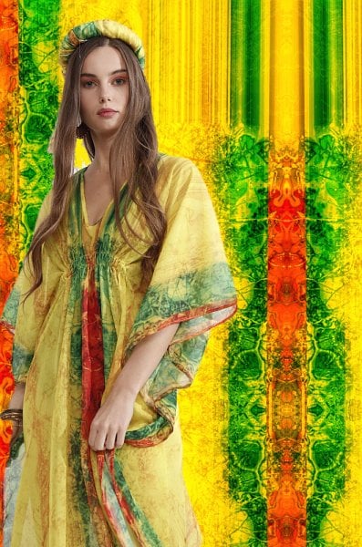 Antik Desenli Altın sarısı zümrüt  yeşili Şifon Kimono Plaj elbisesi 