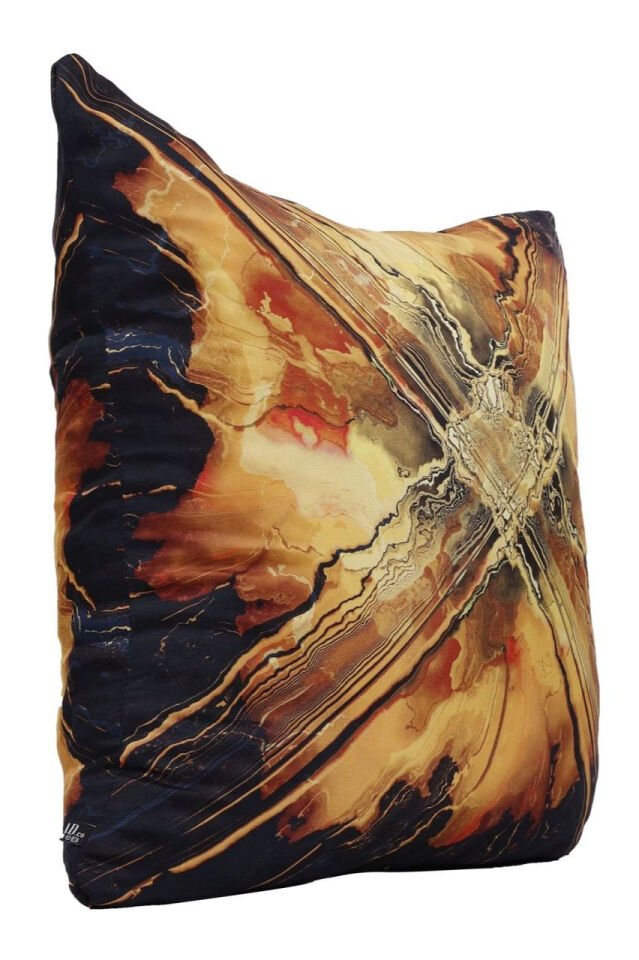 Mermer Desenli Bronz İki Yüzü Baskılı Gizli Fermuarlı İpek Yastık Kılıfı