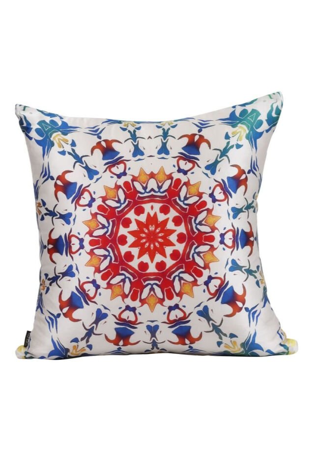 Çini desenli İki Yüzü Baskılı Gizli Fermuarlı İpek Yastık Kılıfı