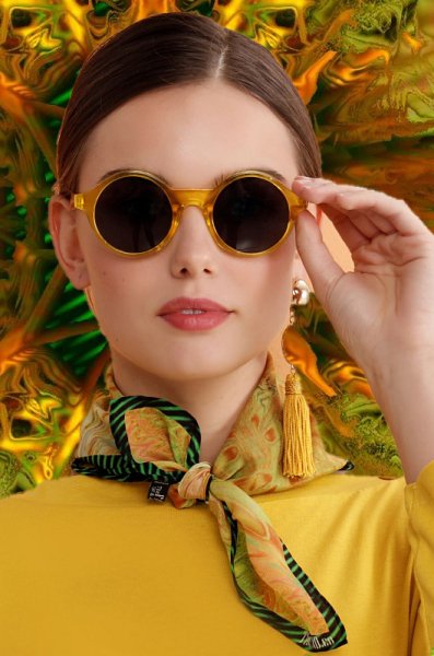 Fraktal desenli Krep İpek Fular Sarı yeşil Bronz