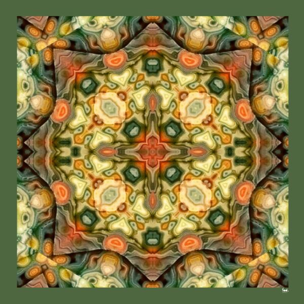 Krep İpek Kaleydeskop Desenli Pareo Şal Yeşil, Kumsarısı, Mercan kırmızı