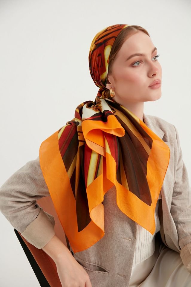 Pamuk İpek Antik Desenli Pareo Şal Kahve turuncu altın