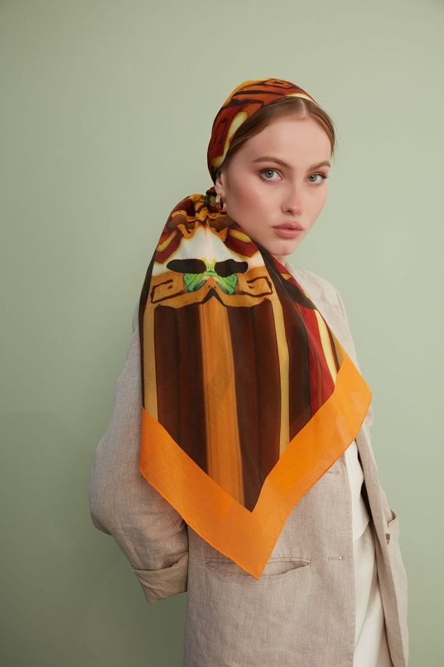 Pamuk İpek Antik Desenli Pareo Şal Kahve turuncu altın