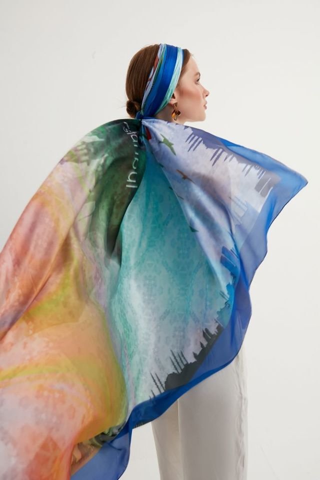 Boğaziçi martıları temalı Şifon Şal Pareo Turkuaz, Gökmavisi, Bronz 137X137cm