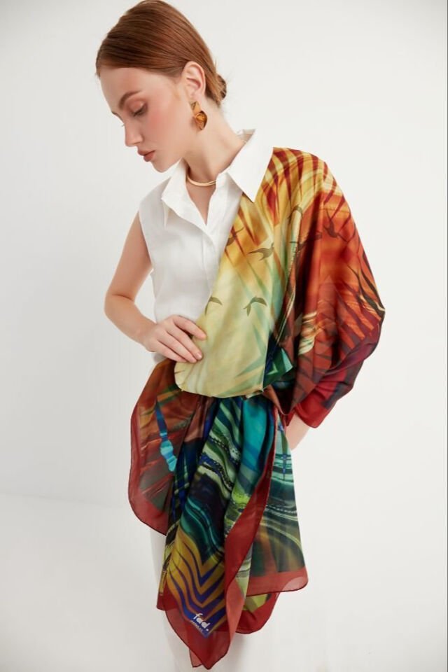 Tarihi Yarımada temalı Bordo bronz yeşil Saten Şifon Şal Pareo