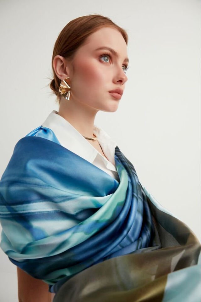 Galata Kulesi temalı Turkuaz derin mavi Şifon Şal Pareo