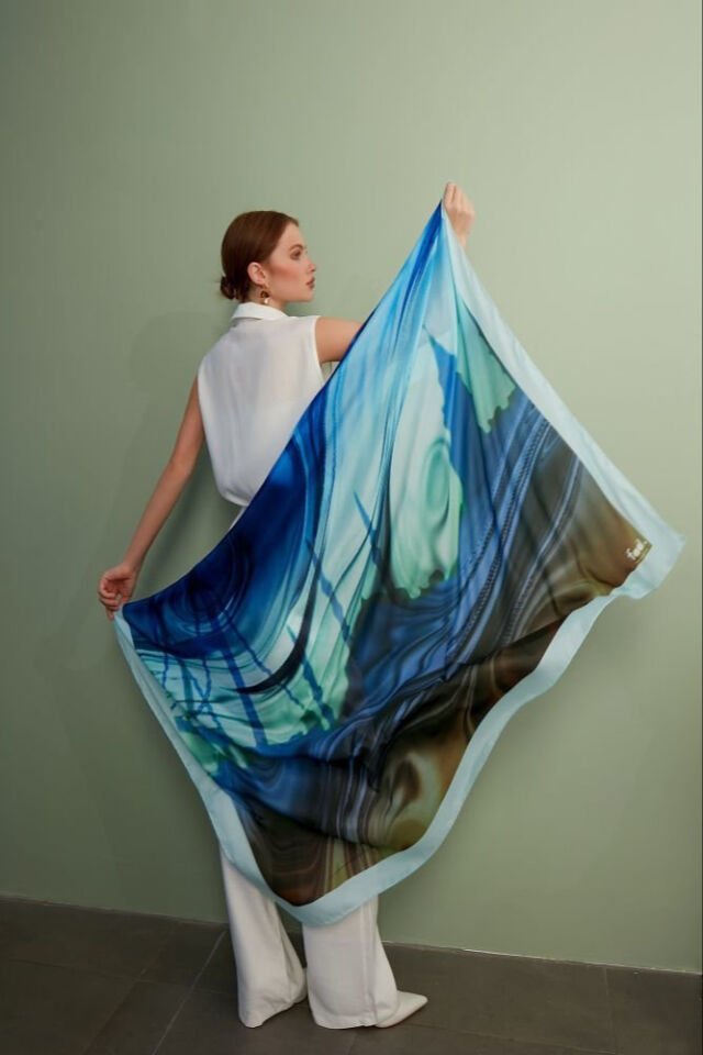 Galata Kulesi temalı Turkuaz derin mavi Şifon Şal Pareo