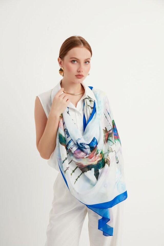 İstanbul Siluetli  Turkuaz Saten Şifon Şal