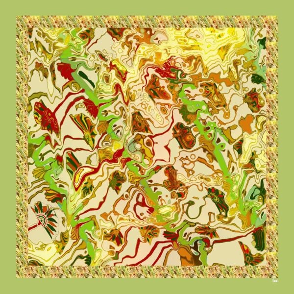 Pamuk İpek Fraktal Desenli Pareo Şal  yeşili, bronz, sarı