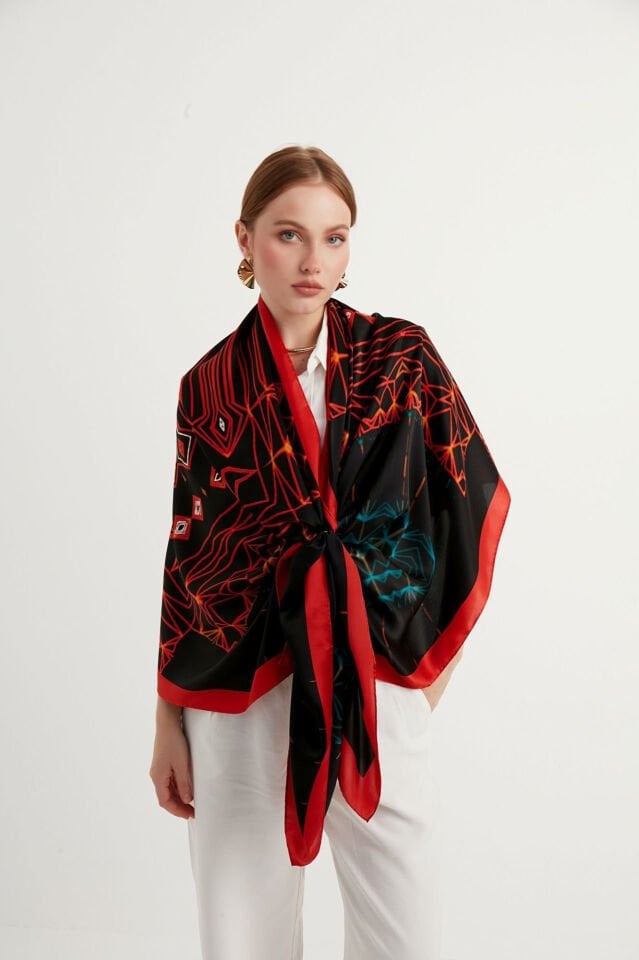 AKM Sanat Koleksiyonu Kırmızı Siyah Krep İpek Şal