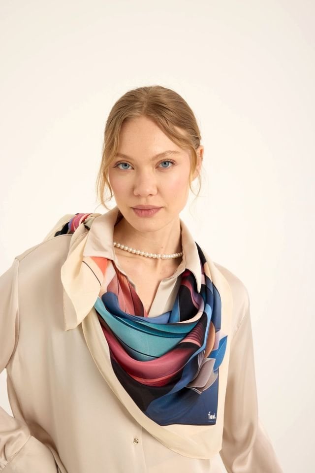 Ekinoks Krep Mavi İpek Şal